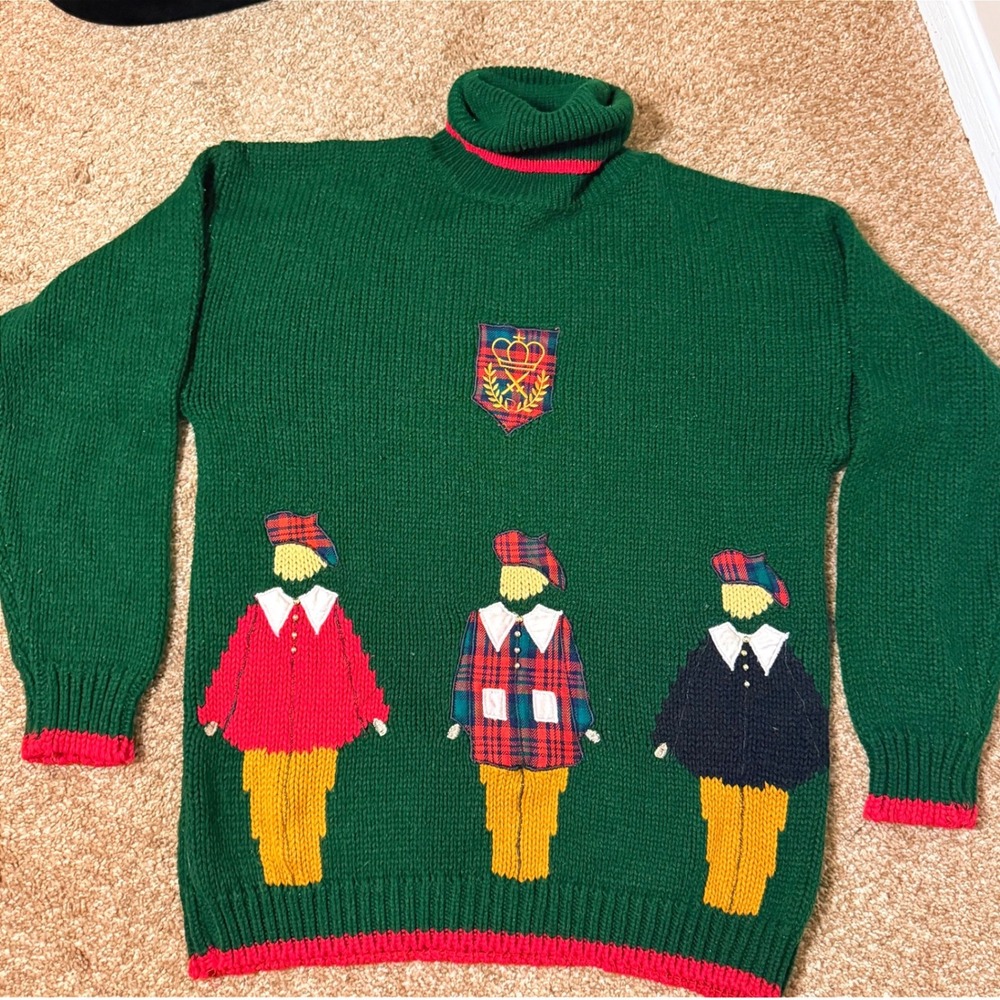 VTG 90s CSL Cherry Stix Green Turtleneck Scottish Embroidered Sweater SZ S